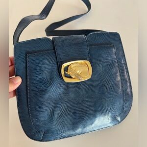 Escada Vintage Blue Reptile Embossed Leather Gold Horse Accordion Shoulder Bag